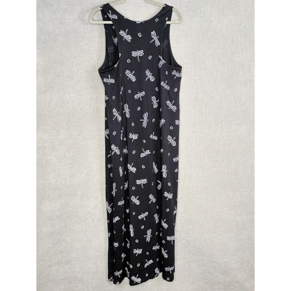 Fresh Produce Dress Womens Large Black Purple Dragonfly Print Maxi Vintage USA